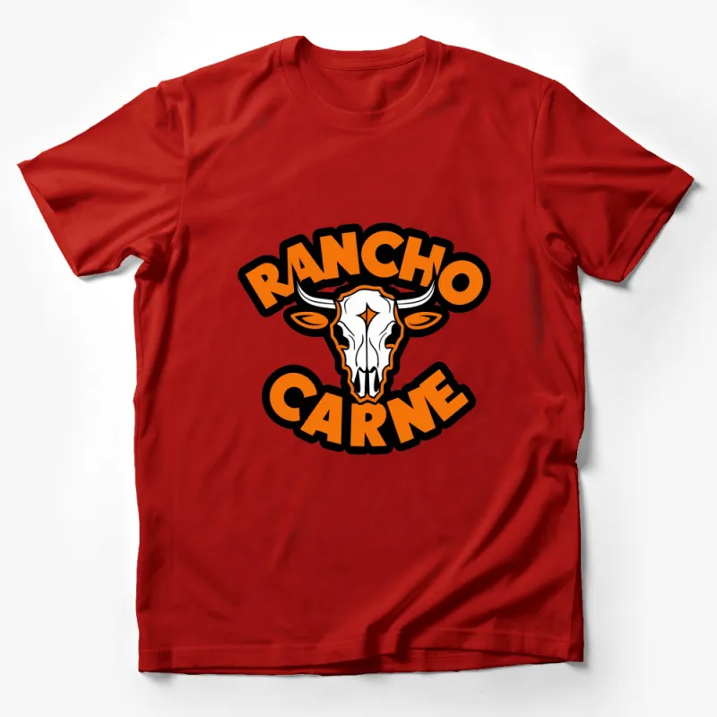 Rancho Carne Bull Skull Graphic T-Shirt, Bold Orange and Black Tee, Unisex Fashion, Casual Streetwear, Unique Design Male T-Shirt