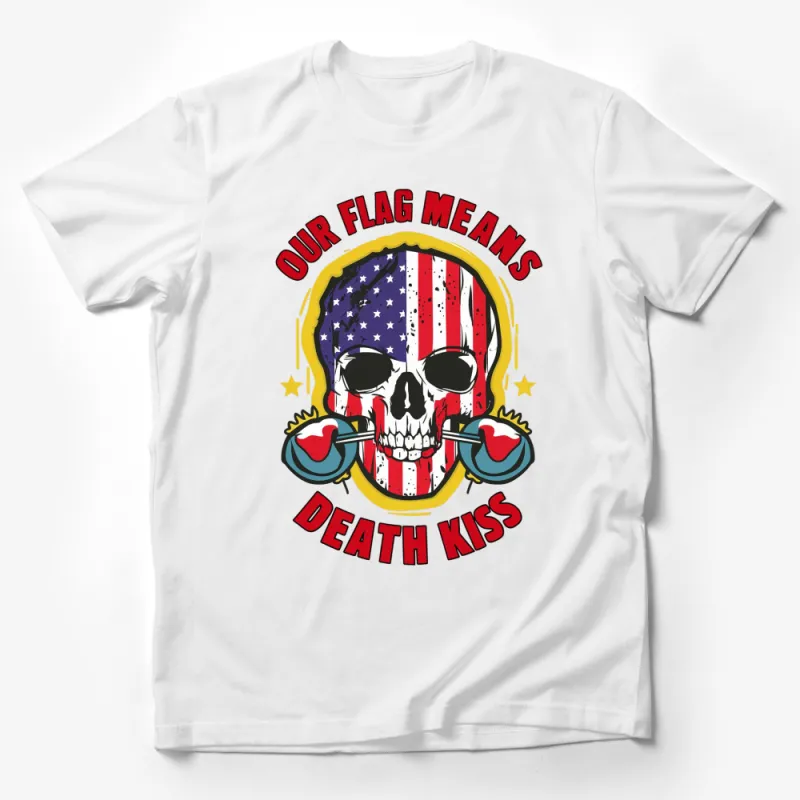 Patriotic Skull T-Shirt, American Flag Design, Death Kiss Graphic Tee Male T-Shirt