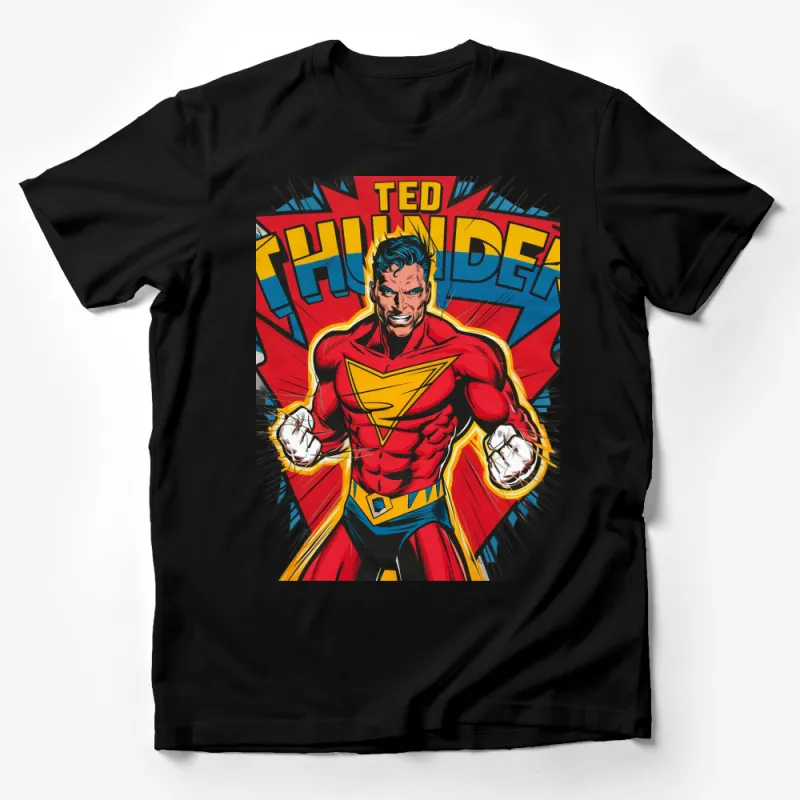 Bright Red Superhero T-Shirt, Ted Thunder Graphic Tee, Comic Book Style, Vibrant Costume Design Male T-Shirt