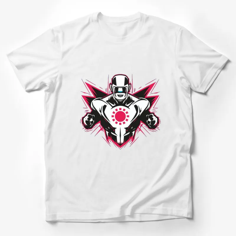 Futuristic Robot Hero T-Shirt, Bold Graphic Tee, Red and White, Unisex Male T-Shirt