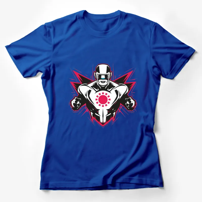 Futuristic Robot Hero T-Shirt, Bold Graphic Tee, Red and White, Unisex Female T-Shirt