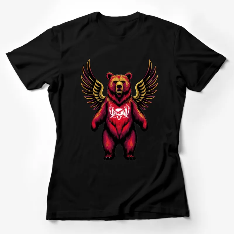 Winged Bear Graphic T-Shirt, Bold Red and Gold, Streetwear Style, Unisex Clothing, Artistic Bear Design Female T-Shirt