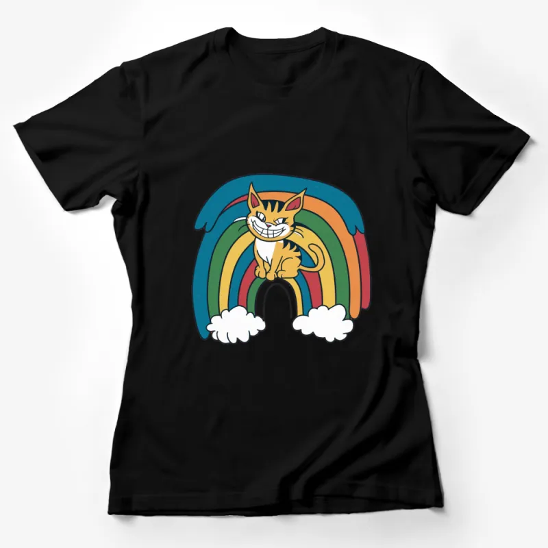 Cute Cat on Rainbow Graphic Tee, Colorful Cat T-Shirt, Unisex Cartoon Cat Shirt for All Ages Female T-Shirt