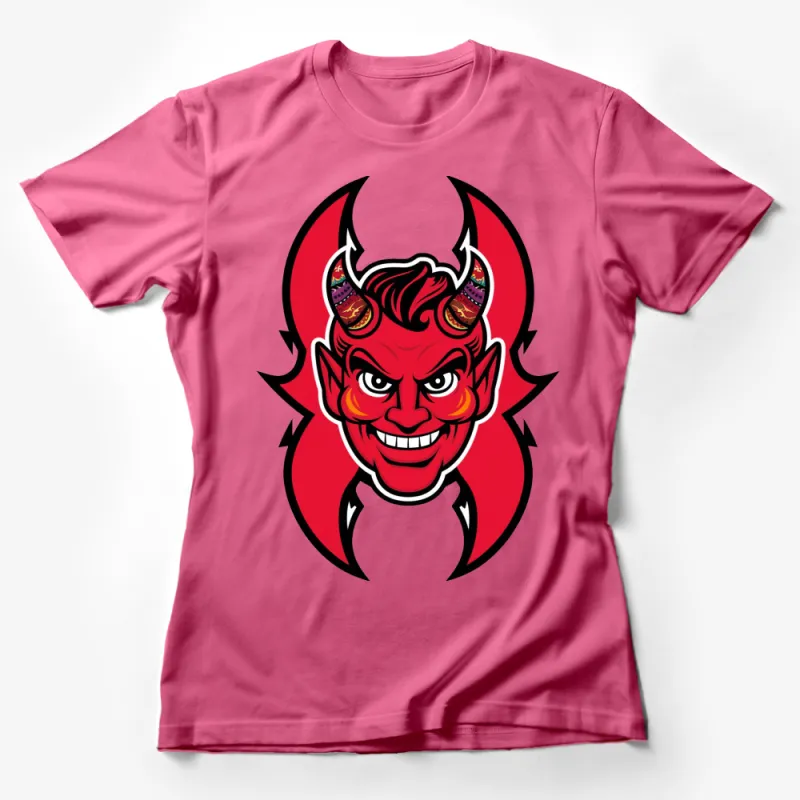 Red Devil Mascot Graphic T-Shirt, Bold Cartoon Devil Design, Vivid Colors, Unisex Tee Female T-Shirt