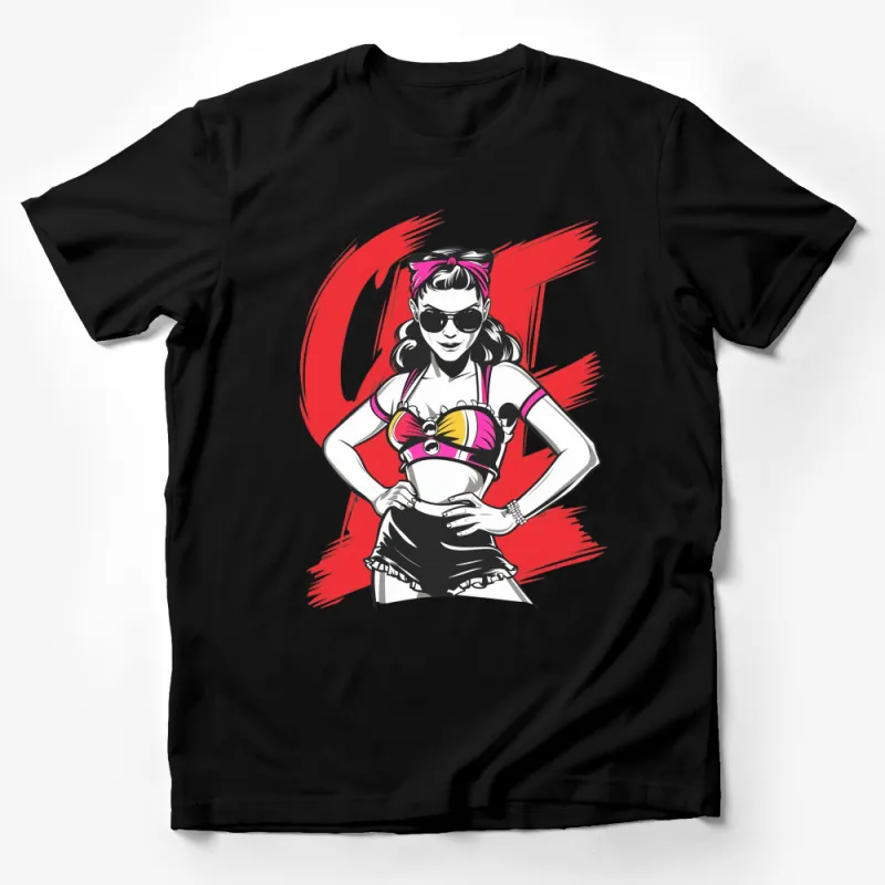 Retro Pop Art Girl T-Shirt, Bold Red and Black, 90's Fashion Inspired Tee Male T-Shirt