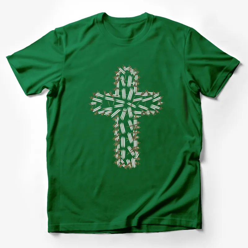 Abstract Cross Design T-Shirt, Artistic Neutral Tones, Casual Spiritual Tee Male T-Shirt