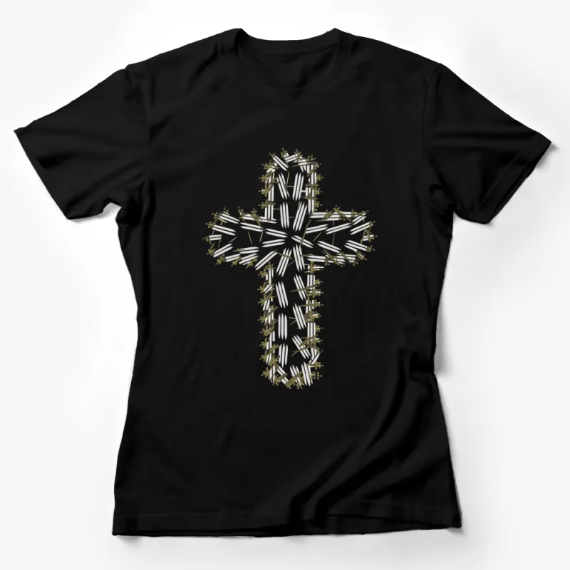 Abstract Cross Design T-Shirt, Artistic Neutral Tones, Casual Spiritual Tee Female T-Shirt