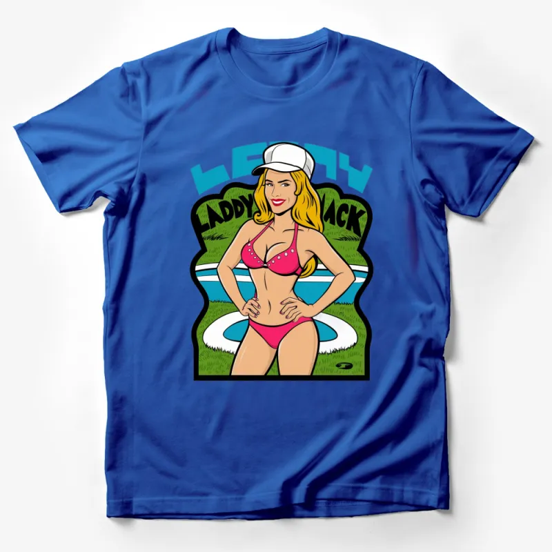 Retro Pop Art Lady in Bikini T-Shirt, Vibrant Summer Beach Graphic Tee, Casual Women's Fashion Top Male T-Shirt