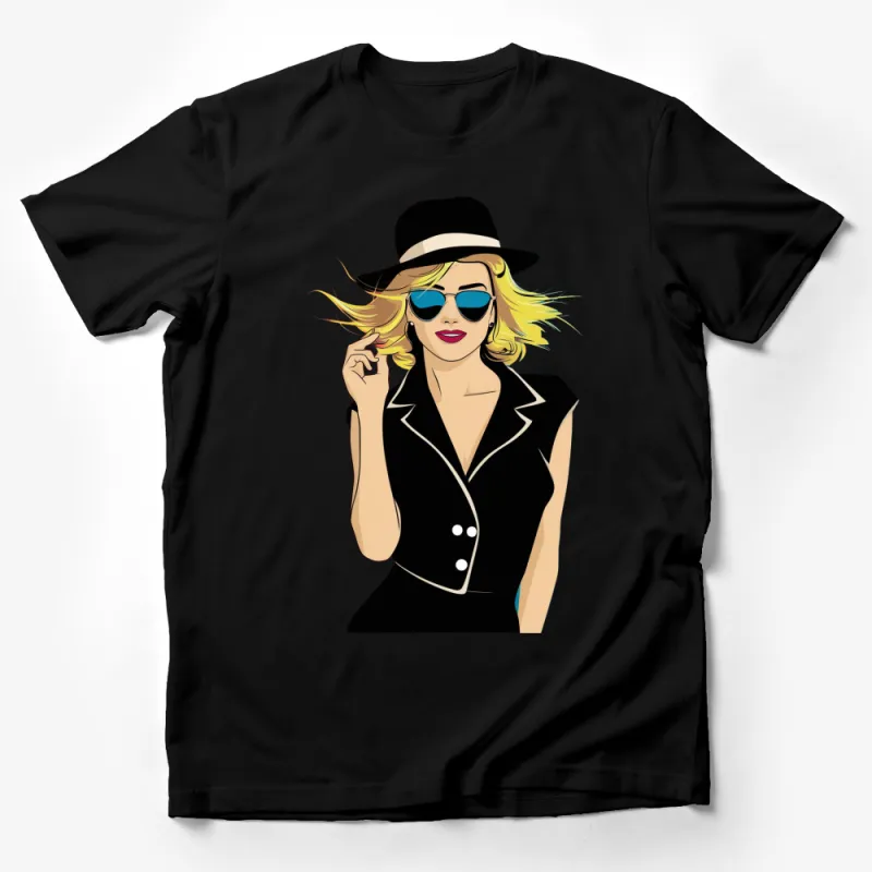 Stylish Woman in Hat and Sunglasses Fashion Illustration T-Shirt, Elegant Casual Wear, Graphic Tee for Women Male T-Shirt