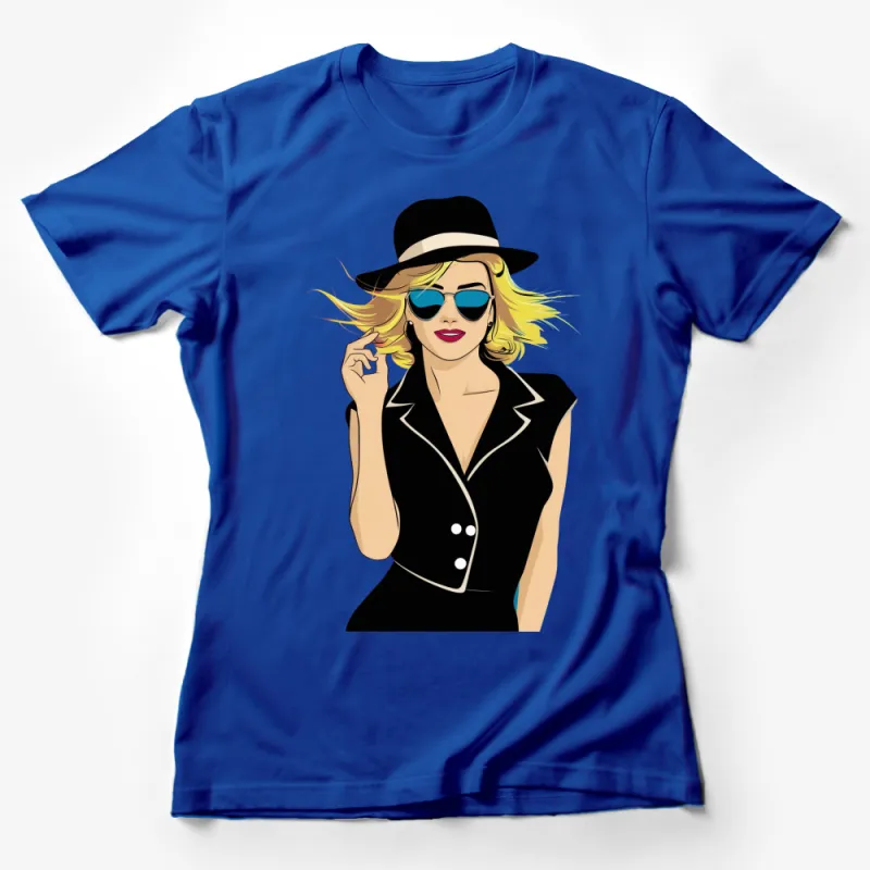 Stylish Woman in Hat and Sunglasses Fashion Illustration T-Shirt, Elegant Casual Wear, Graphic Tee for Women Female T-Shirt