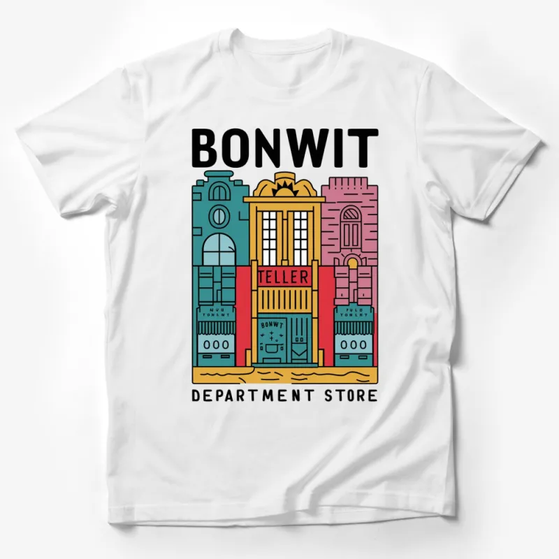 Colorful Bonwit Department Store Graphic T-Shirt, Vintage Style Cityscape Unique Design, Urban Fashion Tee Male T-Shirt