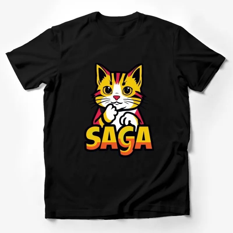 Cute Cat Saga Graphic T-Shirt, Yellow and Red Cartoon Cat, Unisex Tee for All Ages, Fun Animal Shirt Male T-Shirt