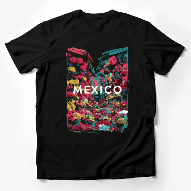 Vibrant Mexico Floral Market Scene T-Shirt, Colorful Travel Graphic Tee, Unique Artistic Fashion Top Male T-Shirt