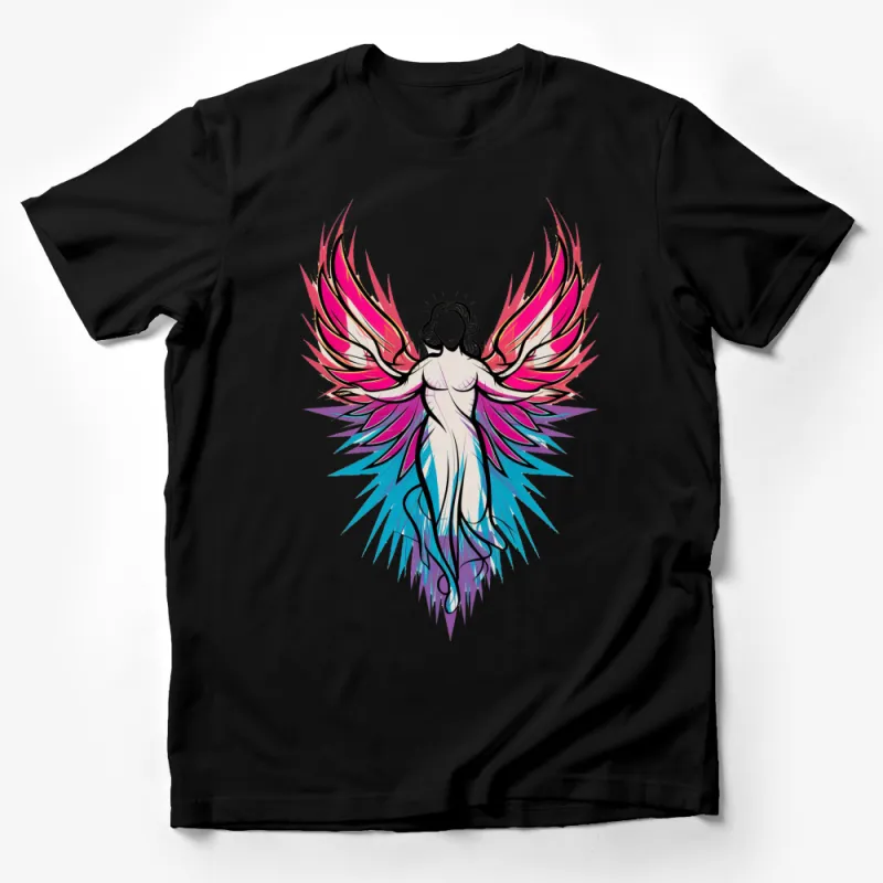 Angelic Winged Figure T-Shirt, Vibrant Colors, Modern Graphic Tee, Fashionable Spiritual Art Design Male T-Shirt