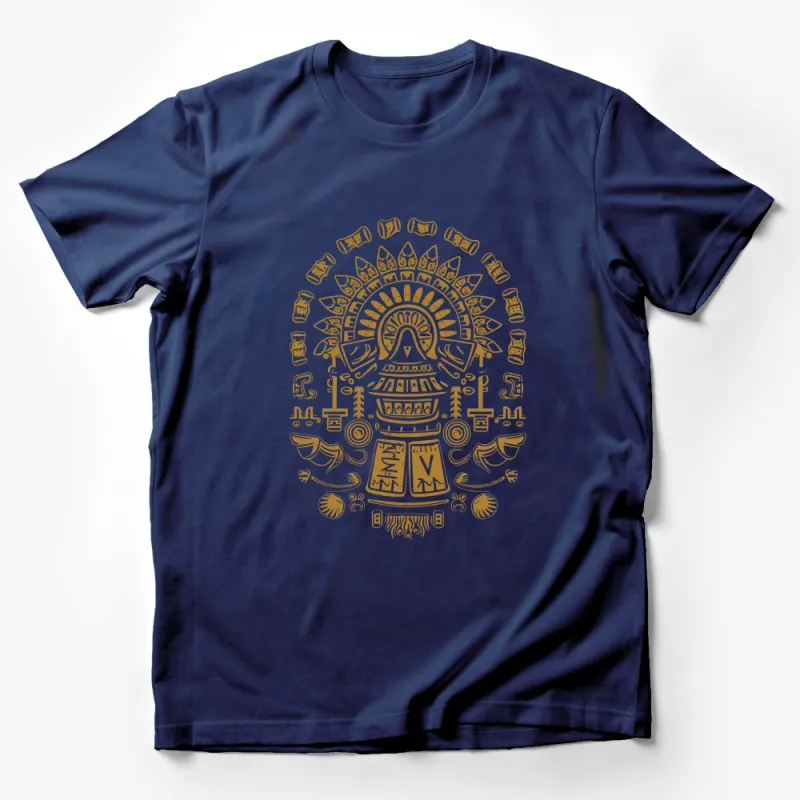 Aztec Sun Stone Calendar Print T-Shirt, Unisex Golden Print Art, Ancient Mesoamerican Culture Tee, Unique Graphic Shirt Male T-Shirt