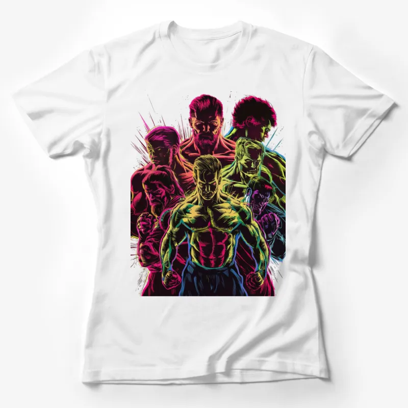 Colorful Superhero Team T-Shirt, Comic Book Heroes Graphic Tee, Unique Gift for Fans Female T-Shirt