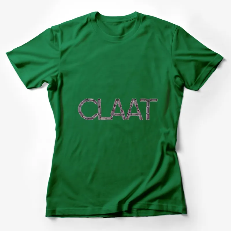 Unique Chain Link Design CLAAT Text Graphic T-Shirt, Modern Style Tee, Metallic Purple Female T-Shirt