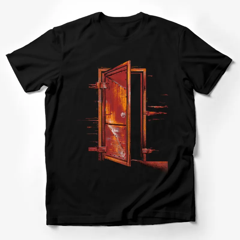 Rustic Red Door T-Shirt, Vintage Door Graphic Tee, Urban Exploration, Artistic Fashion, Unisex Clothing Male T-Shirt