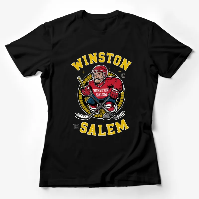 Winston Salem Hockey Player Graphic T-Shirt, Sporty Casual Wear, Red and Yellow Tee, Unisex Apparel Female T-Shirt