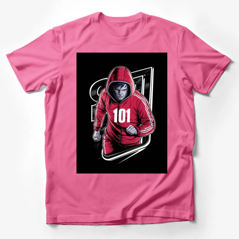 Red Hooded Runner Graphic T-Shirt, Stylish Athletic Male Illustration, Casual Sportswear Male T-Shirt