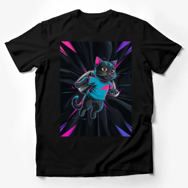 Funky Black Cat Running with a Boombox T-Shirt, Cool Cartoon Cat Graphic Tee, Vibrant Pet Design Male T-Shirt