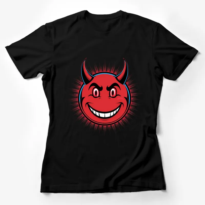 Red Devil Smiley Face T-Shirt, Bold Graphic Tee, Unisex Funky Cartoon Shirt, Cool Streetwear Style Female T-Shirt