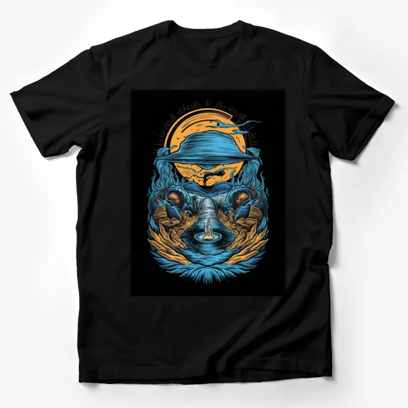 Surreal Ocean Landscape T-Shirt, Sun Moon Waves Graphic Tee, Unisex Cotton Shirt, Artistic Apparel Gift Male T-Shirt