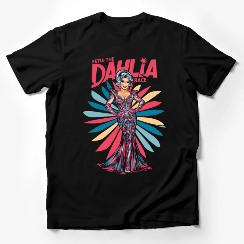 Colorful Drag Queen Graphic Tee, The Dahlia Race Inspired, Stylish Feminine Illustration T-Shirt Male T-Shirt