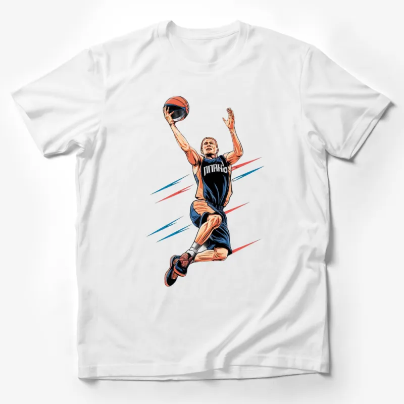 Dynamic Basketball Player Graphic T-Shirt, Athletic Slam Dunk Design, Sports Fan Apparel Male T-Shirt