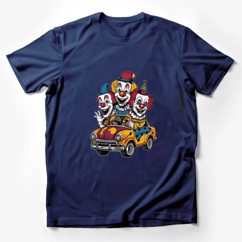 Funny Clown Car T-Shirt, Colorful Circus Clowns Driving Cartoon, Unisex Graphic Tee for All Ages Male T-Shirt