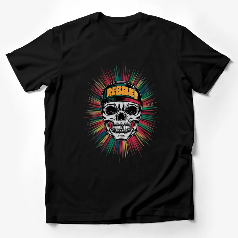 Colorful Skull Graphic T-Shirt, Rebbee Slogan, Urban Streetwear, Vibrant Unisex Fashion Top Male T-Shirt