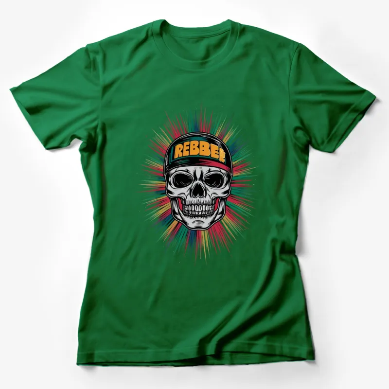 Colorful Skull Graphic T-Shirt, Rebbee Slogan, Urban Streetwear, Vibrant Unisex Fashion Top Female T-Shirt