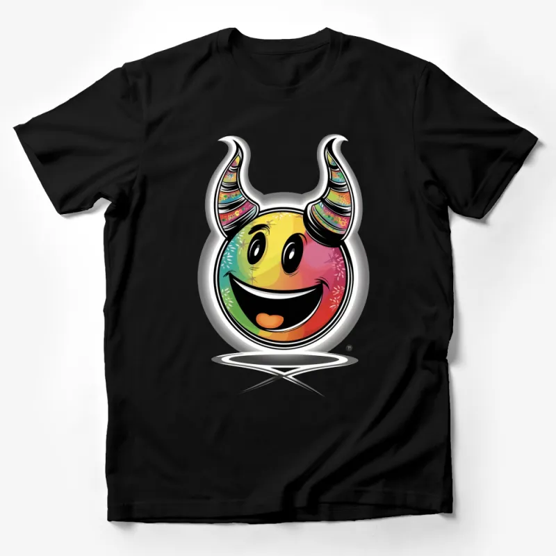 Colorful Smiley Face T-Shirt, Happy Face with Horns, Unique Graphic Tee, Unisex Adult Clothing Male T-Shirt