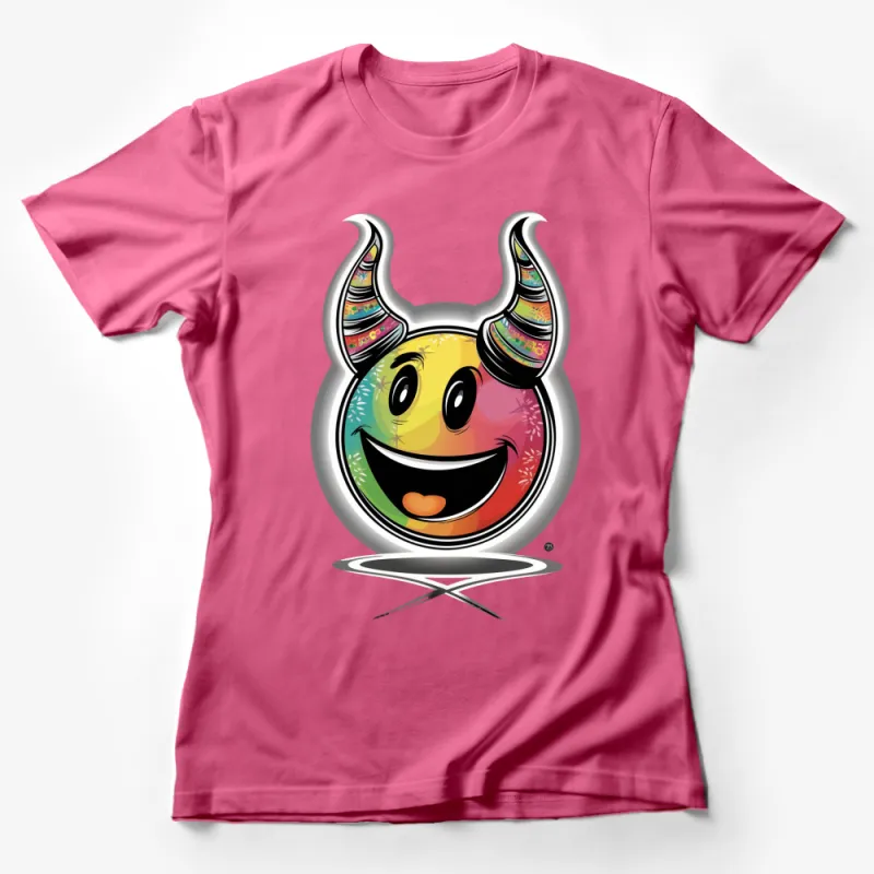 Colorful Smiley Face T-Shirt, Happy Face with Horns, Unique Graphic Tee, Unisex Adult Clothing Female T-Shirt