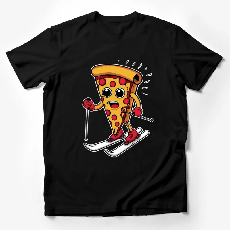 Funny Skiing Pizza Slice T-Shirt, Cartoon Pizza Lover Tee, Unique Graphic Winter Sports Shirt Male T-Shirt