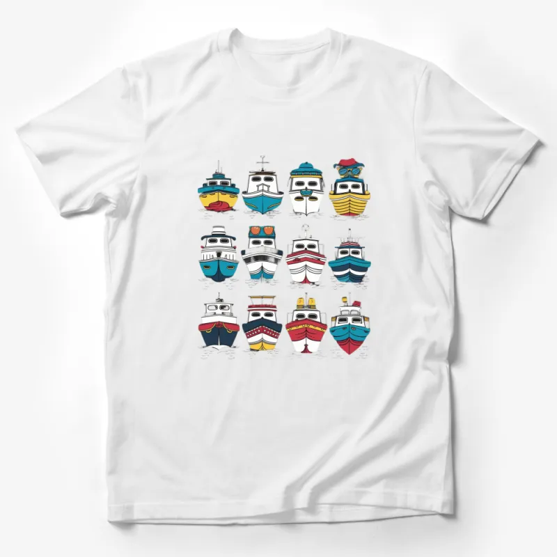 Colorful Cartoon Boat Print T-Shirt, Casual Graphic Tee, Sailor Nautical Fun Shirt, Unique Boat Lover Gift Male T-Shirt