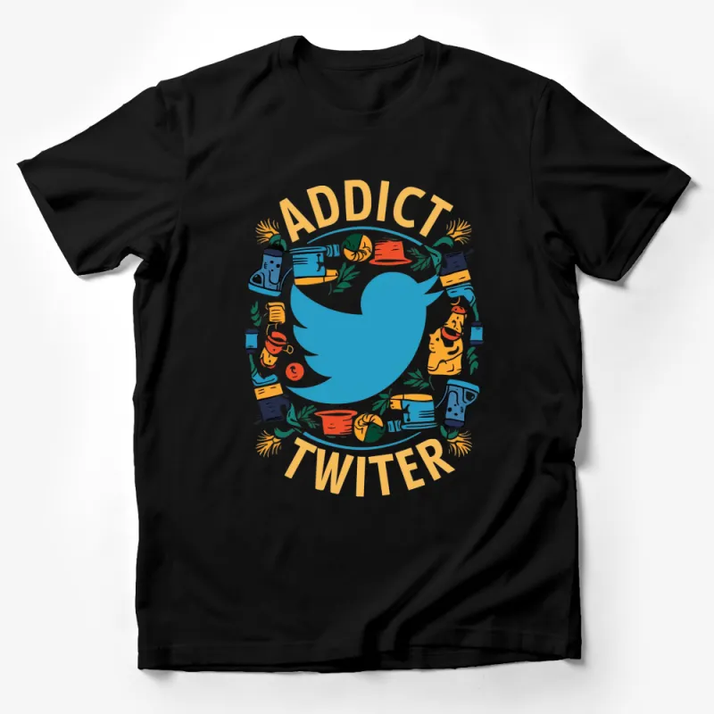 Twitter Addict T-Shirt, Fun Social Media Graphic Tee, Colorful Social Icons Shirt, Casual Wear Male T-Shirt