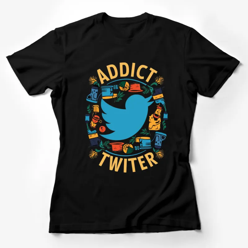 Twitter Addict T-Shirt, Fun Social Media Graphic Tee, Colorful Social Icons Shirt, Casual Wear Female T-Shirt