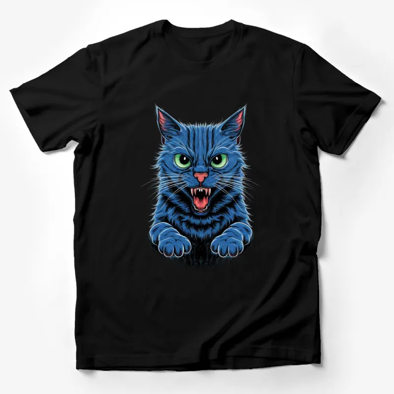 Blue Furry Cat with Green Eyes Graphic T-Shirt, Unique Animal Lover Tee, Unisex Adult Clothing Male T-Shirt