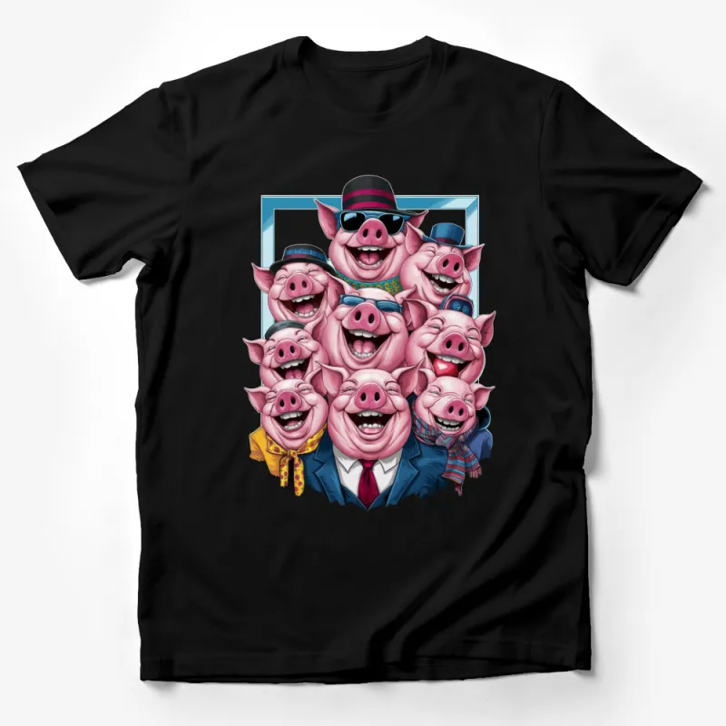 Funky Pig Family Graphic T-Shirt, Colorful Stylish Cartoon Pigs, Animal Lovers Tee, Unique Casual Wear Male T-Shirt