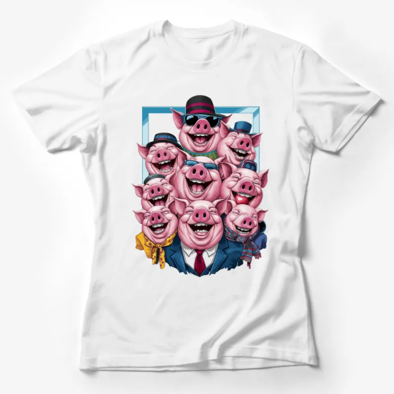 Funky Pig Family Graphic T-Shirt, Colorful Stylish Cartoon Pigs, Animal Lovers Tee, Unique Casual Wear Female T-Shirt