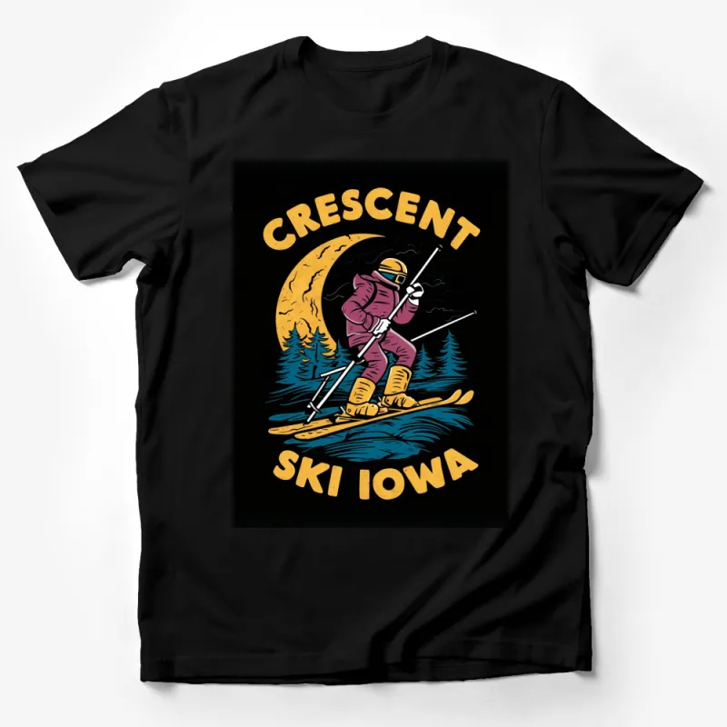 Crescent Ski Iowa T-Shirt, Vintage Astronaut Skiing, Retro Graphic Tee, Moon Skiing, Unique Winter Sports Apparel Male T-Shirt