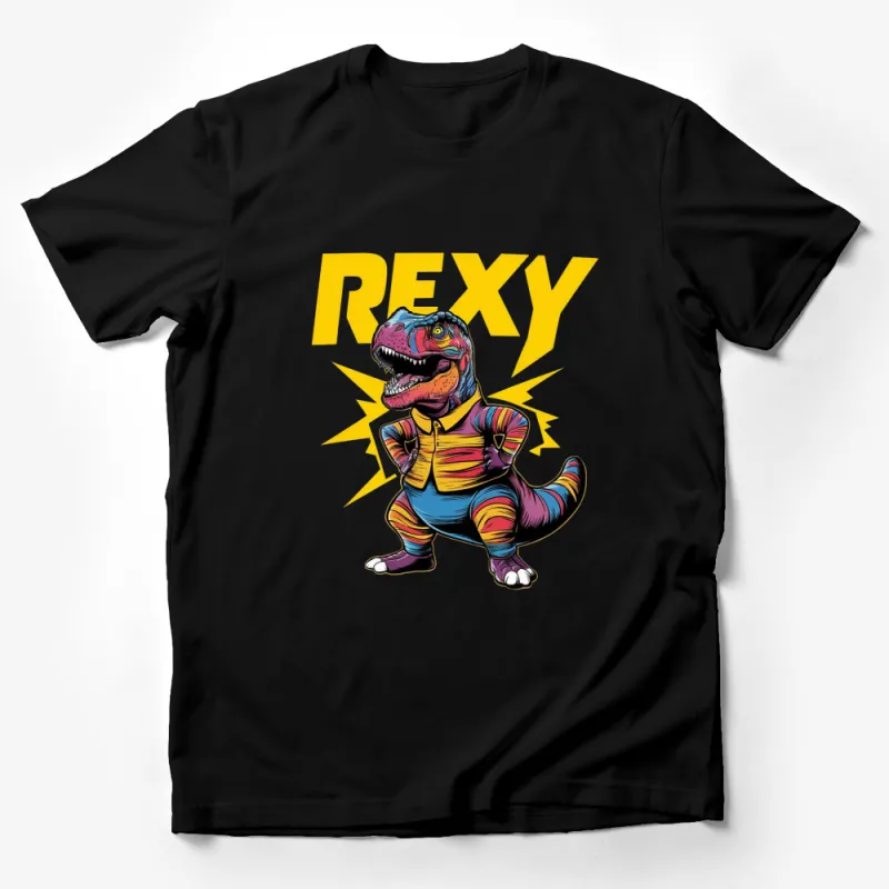 Colorful Rexy Dinosaur Graphic T-Shirt, Fun Dino Print Tee, Eye-catching Rainbow Colors, Casual Cool Wear Male T-Shirt