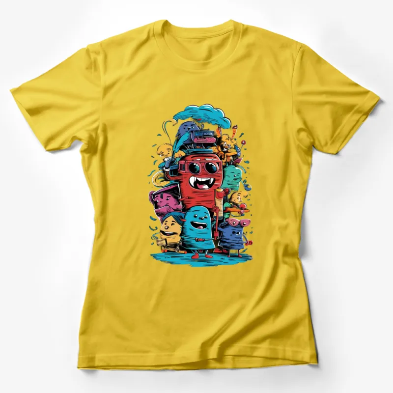 Colorful Cartoon Characters Stack Fun T-Shirt, Vibrant Kids Fantasy Apparel, Unique Graphic Tee for All Ages Female T-Shirt