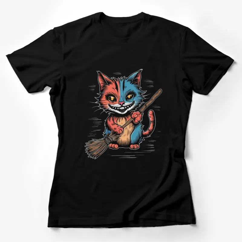 Whimsical Cat Witch T-Shirt, Colorful Cheshire Cat With Broom, Unique Halloween Tee, Fantasy Cat Lover Gift Female T-Shirt