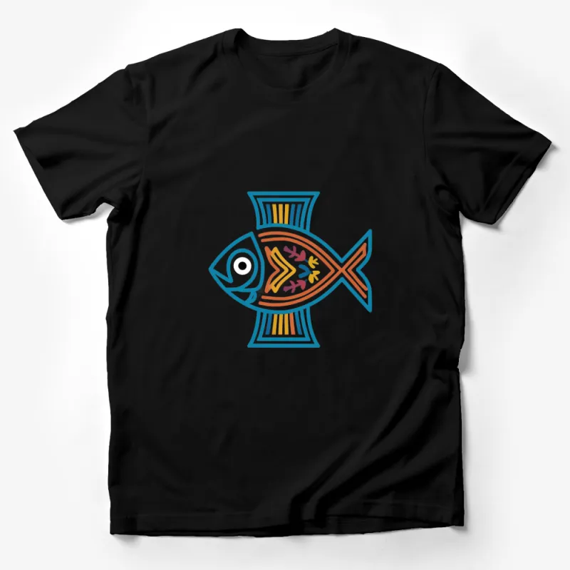 Colorful Tribal Fish Design T-Shirt, Artistic Ocean Life Graphic Tee, Unique Aquatic Animal Shirt Male T-Shirt