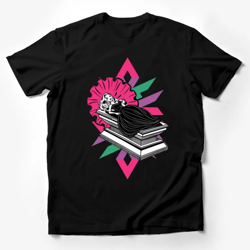 Vintage Style Book Lover Graphic T-Shirt, Retro Woman Reading on Books Tee, Unique Literary Gift Top Male T-Shirt