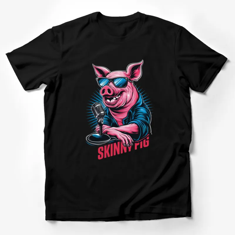 Funky Pink Pig Singing with Microphone Graphic T-Shirt, Music Lover Tee, Cool Animal Design Male T-Shirt