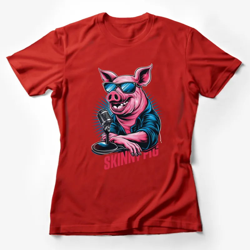 Funky Pink Pig Singing with Microphone Graphic T-Shirt, Music Lover Tee, Cool Animal Design Female T-Shirt