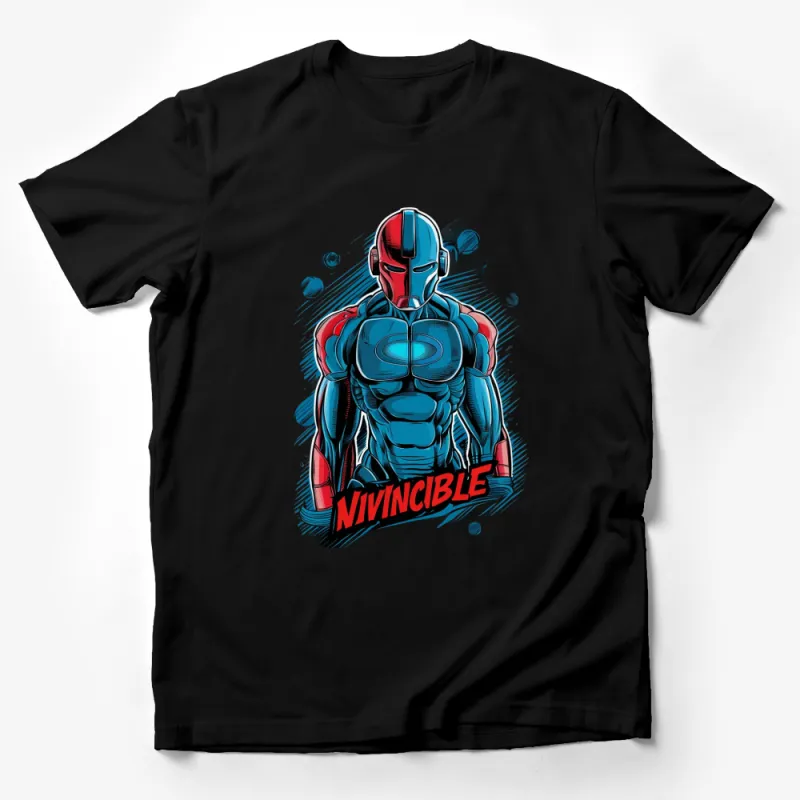 Invincible Superhero Graphic Tee, Bold Blue and Red Comic Style Shirt Male T-Shirt